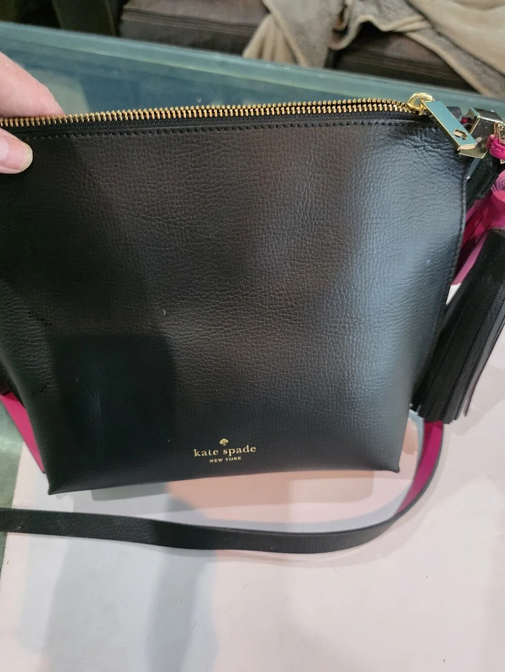 kate spade Black Leather Crossbody with Pink Strap and Gold Hardware